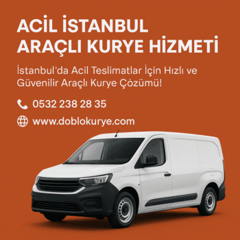 Turuncu arka plan üzerinde beyaz Doblo araçla acil İstanbul araçlı kurye hizmeti tanıtımı – Doblo Kurye