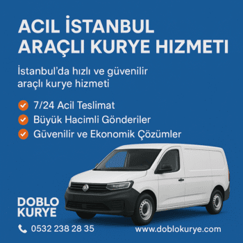 Mavi arka planlı görselde Doblo Kurye logosu, beyaz kurye aracı ve iletişim bilgileriyle İstanbul’da acil araçlı kurye tanıtımı
